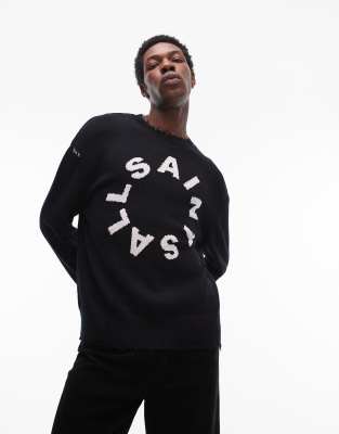 AllSaints – Diageo – Svart, stickad, sliten tröja med logga - view 1