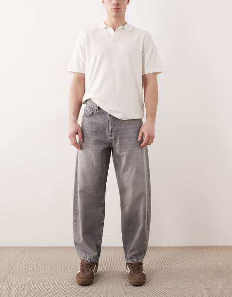 AllSaints - Distressed denim jeans met wijde ronde pijpen in grijs met wassing - view 1