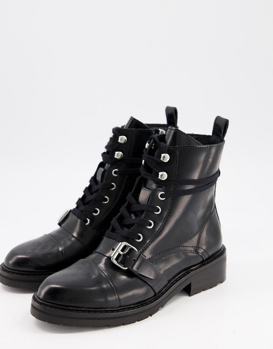 Shop Allsaints Donita Leather Lace Up Hiking Boot With Buckle In Black