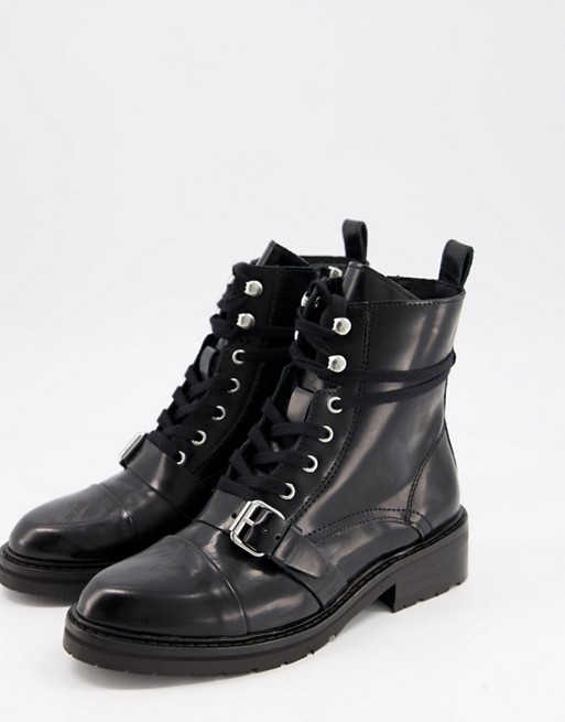 AllSaints Donita leather lace up hiking boot with buckle in black