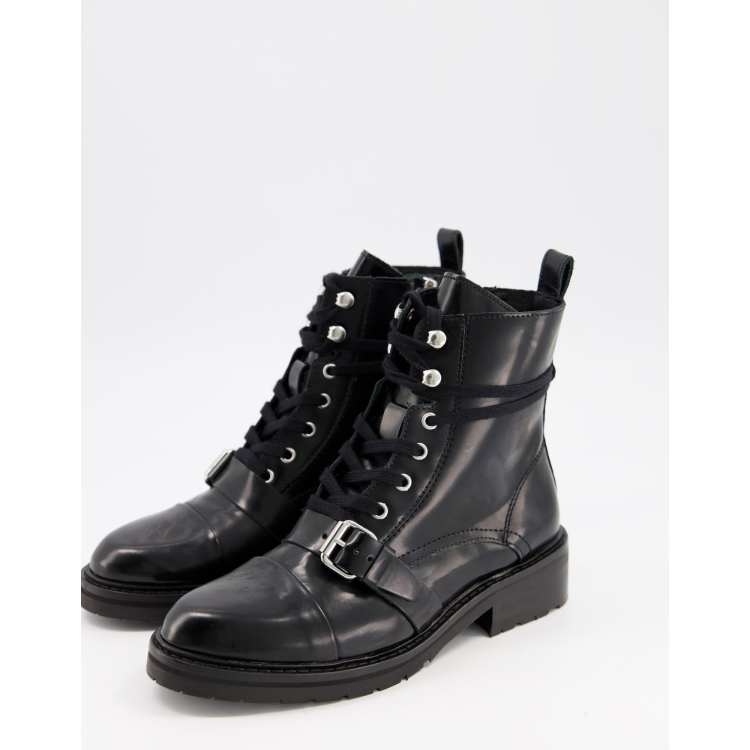 AllSaints Donita leather lace up hiking boot with buckle in black