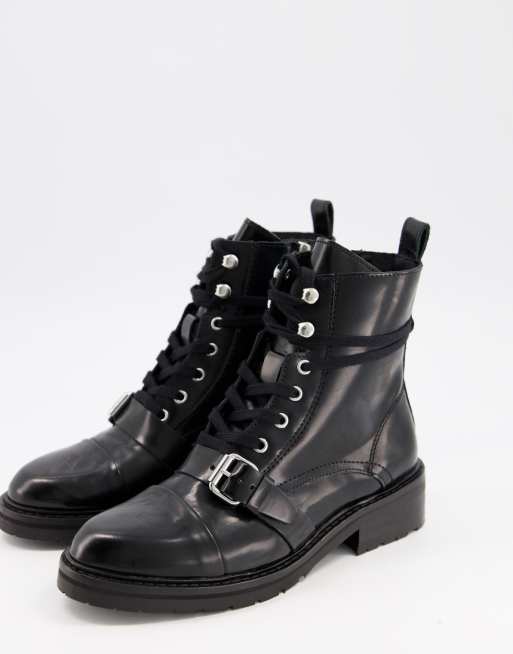 AllSaints Donita leather lace up hiking boot with buckle in black | ASOS