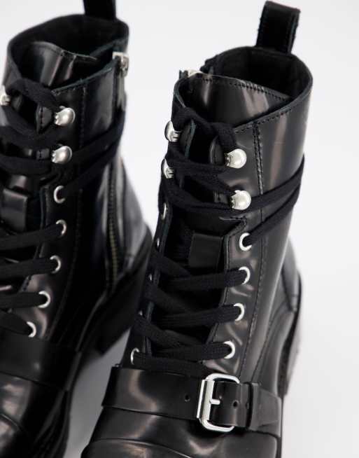 AllSaints Donita leather lace up hiking boot with buckle in black