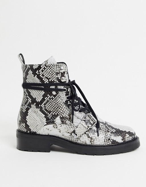 AllSaints donita snake print leather hiking boots in black