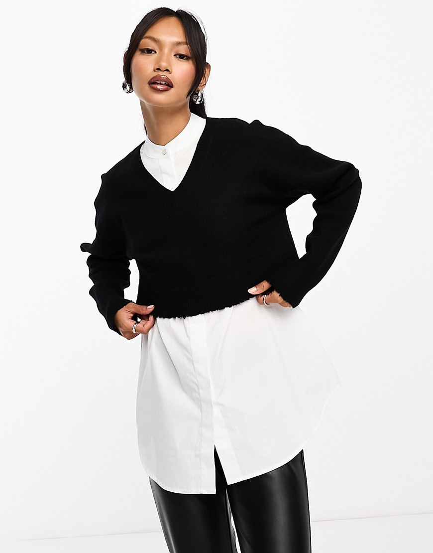 AllSaints Donna 2-in-1 crop knitted jumper and white shirt in black and white