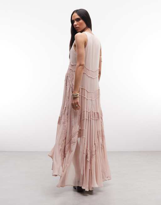 AllSaints – Dorina – Ärmelloses, gerafftes Midikleid in Hellrosa mit asymmetrischen Rüschen, 3 von 4