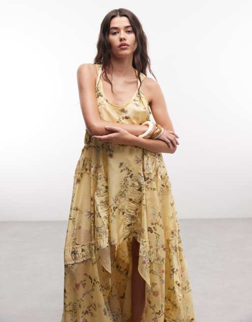 AllSaints Dorina asymmetric ruffle floral midi dress in yellow, 3 of 4
