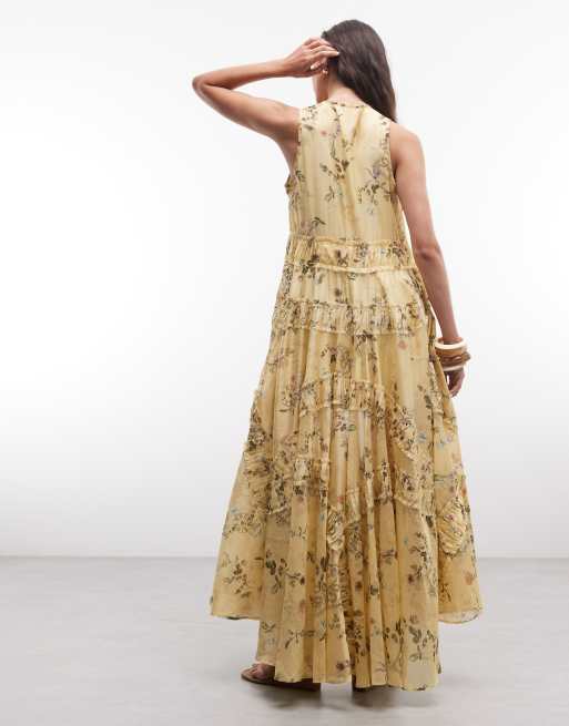 AllSaints - Dorina - Robe mi-longue asymétrique à fleurs et volants - Jaune, 2 de 4