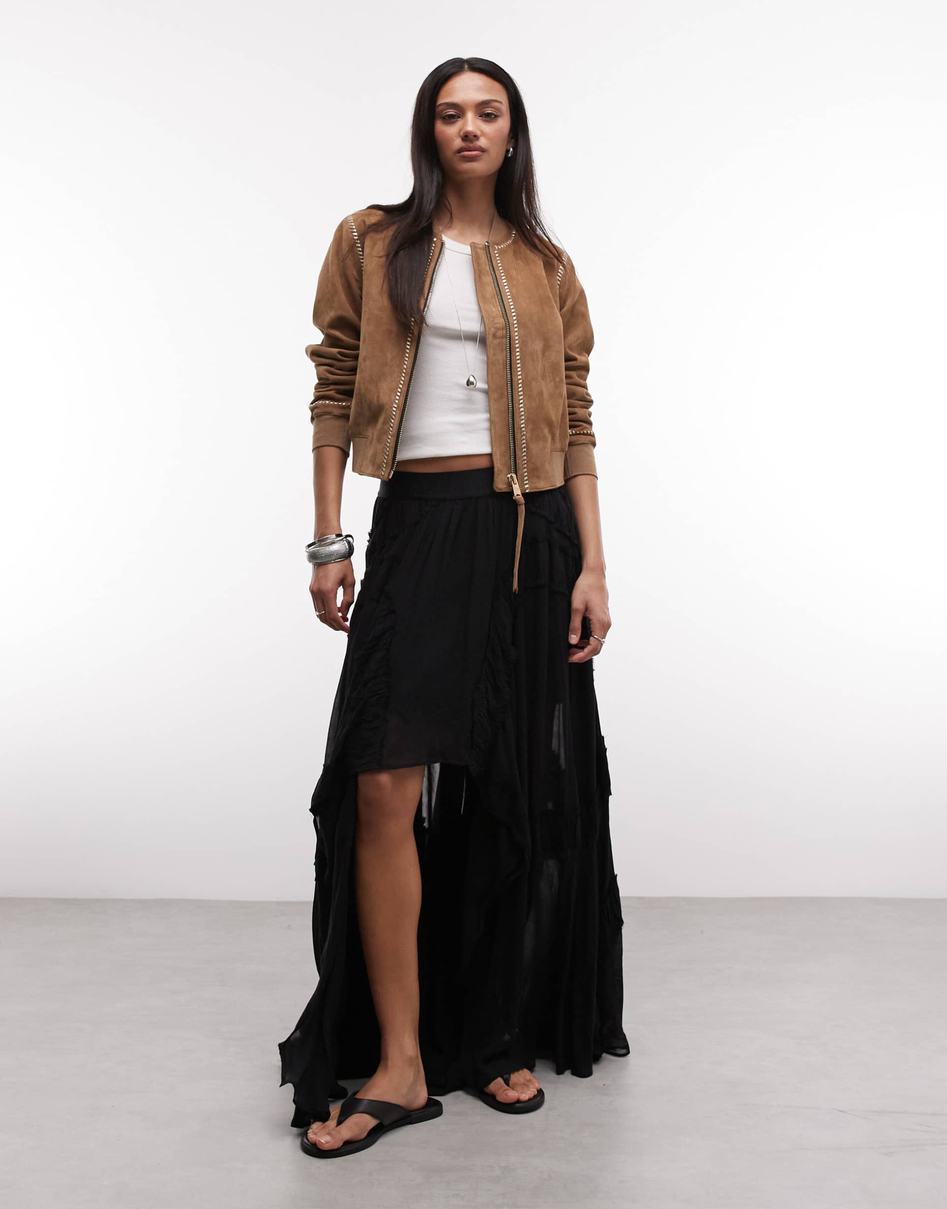 allsaints dorina ruffle lace maxi skirt in black