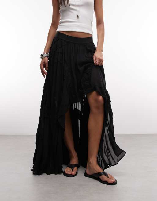 AllSaints Dorina ruffle lace maxi skirt in black, 2 of 5