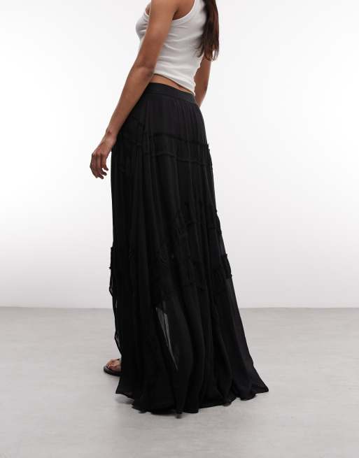 AllSaints Dorina ruffle lace maxi skirt in black, 4 of 5