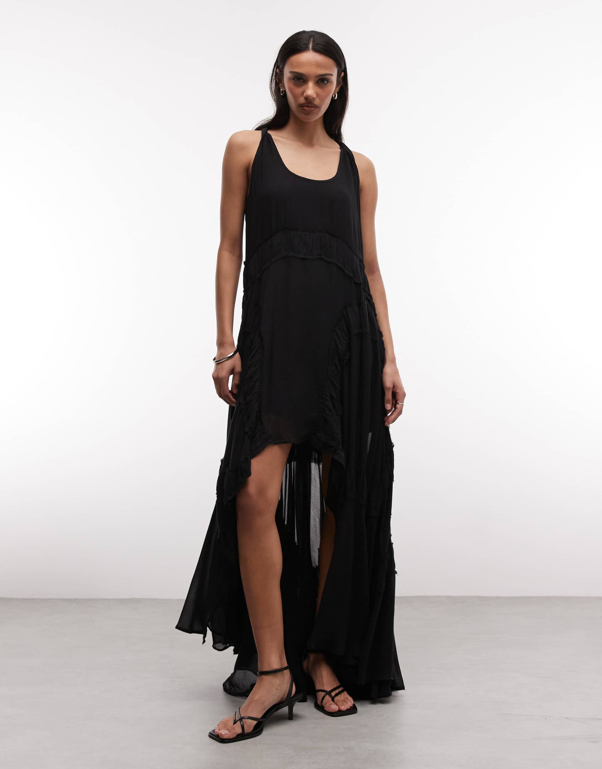 allsaints dorina sleeveless ruched asymmetric ruffle midi dress in black