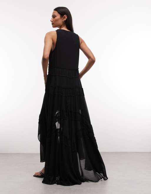 AllSaints Dorina sleeveless ruched asymmetric ruffle midi dress in black, 3 of 4