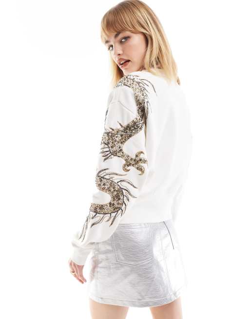 AllSaints - Dragon Separo - Hvid sweatshirt med drageudsmykning i perler, 2 af 4