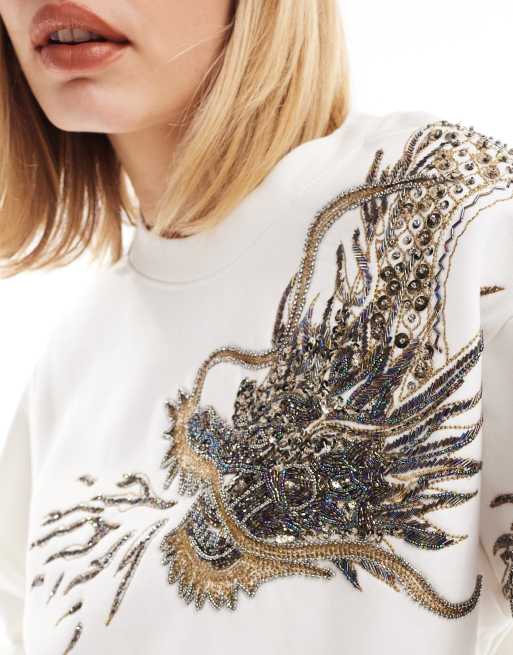 AllSaints - Dragon Separo - Hvid sweatshirt med drageudsmykning i perler, 3 af 4