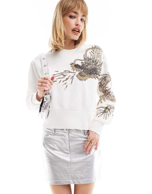 AllSaints - Dragon Separo - Sweatshirt met draak versierd met kraaltjes in wit