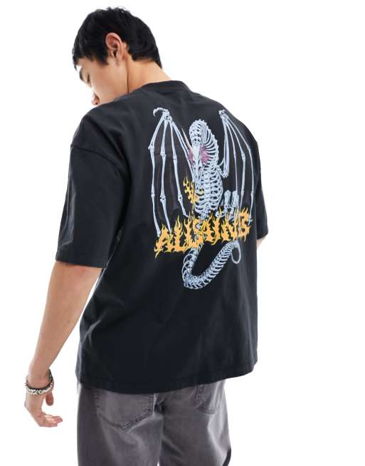 AllSaints Dragonskull graphic back print T-shirt in washed black