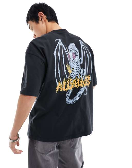 AllSaints - Dragonskull - Vasket sort T-shirt med grafisk print på ryggen