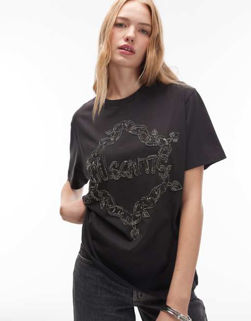 Allsaints Drip embellished t-shirt in black - BLACK
