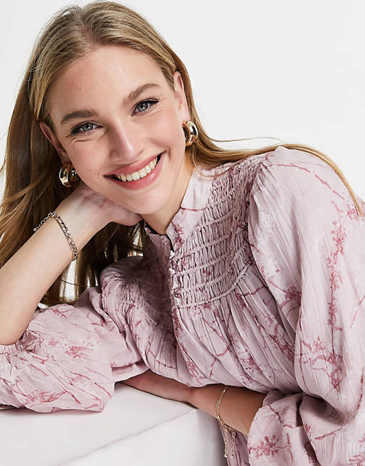 Designer Brands AllSaints drop waist tea dress with long sleeves in pink floral 