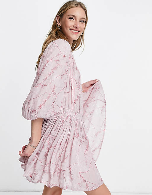 Designer Brands AllSaints drop waist tea dress with long sleeves in pink floral 