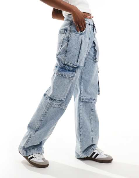 AllSaints – Echo – Weit geschnittene Cargo-Jeans in hellem Indigoblau - view 1