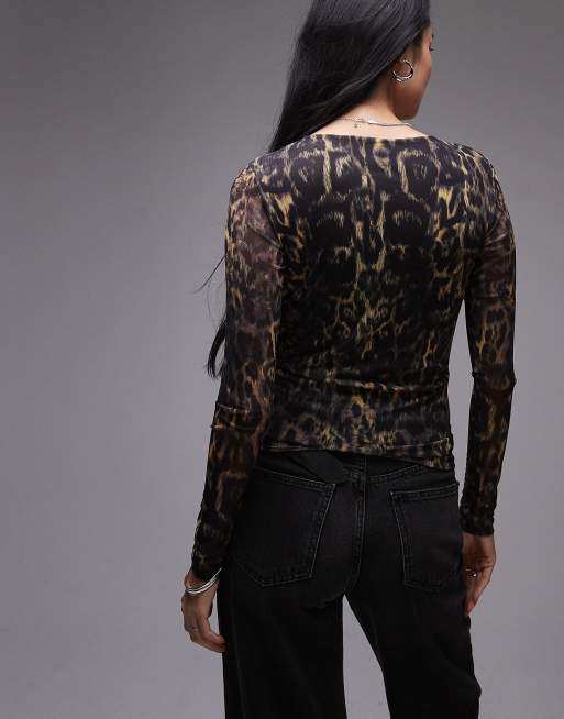 Allsaints – Edana – Brun, leopardmönstrad t-shirt i mesh med långa ärmar, 4 av 4