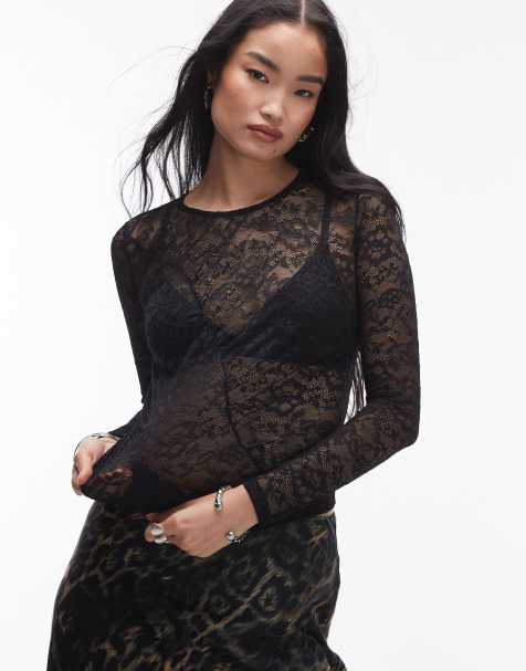 AllSaints Edana lace long sleeve t-shirt in black - view 1