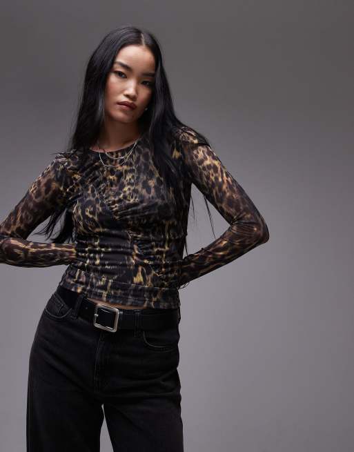 AllSaints - Edana - Langærmet t-shirt med leopardprint i mesh