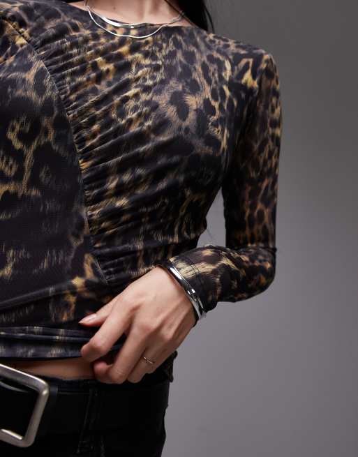 AllSaints Edana mesh long sleeve t-shirt in leopard print - BROWN, 3 of 4