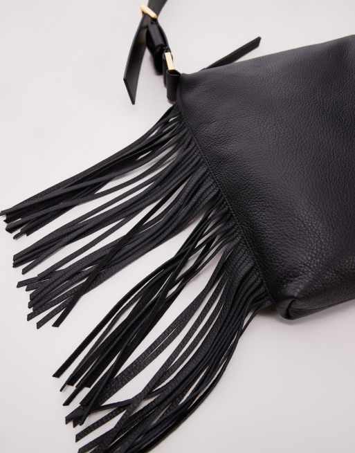 AllSaints Edbury suede fringe shoulder bag in black, 2 of 4