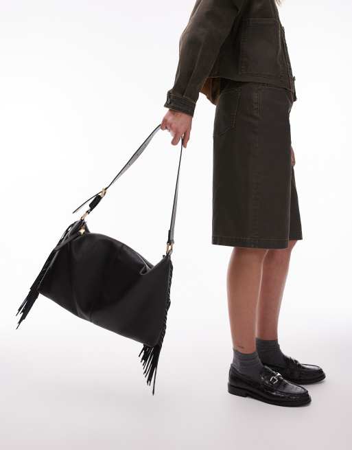 AllSaints Edbury suede fringe shoulder bag in black, 4 of 4