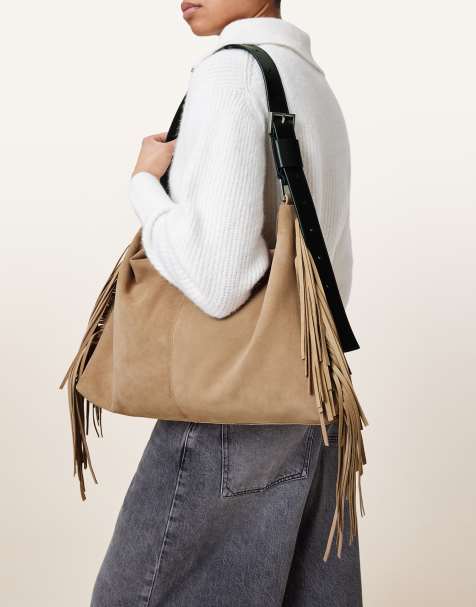 AllSaints Edbury suede fringe shoulder bag in mink brown - view 1