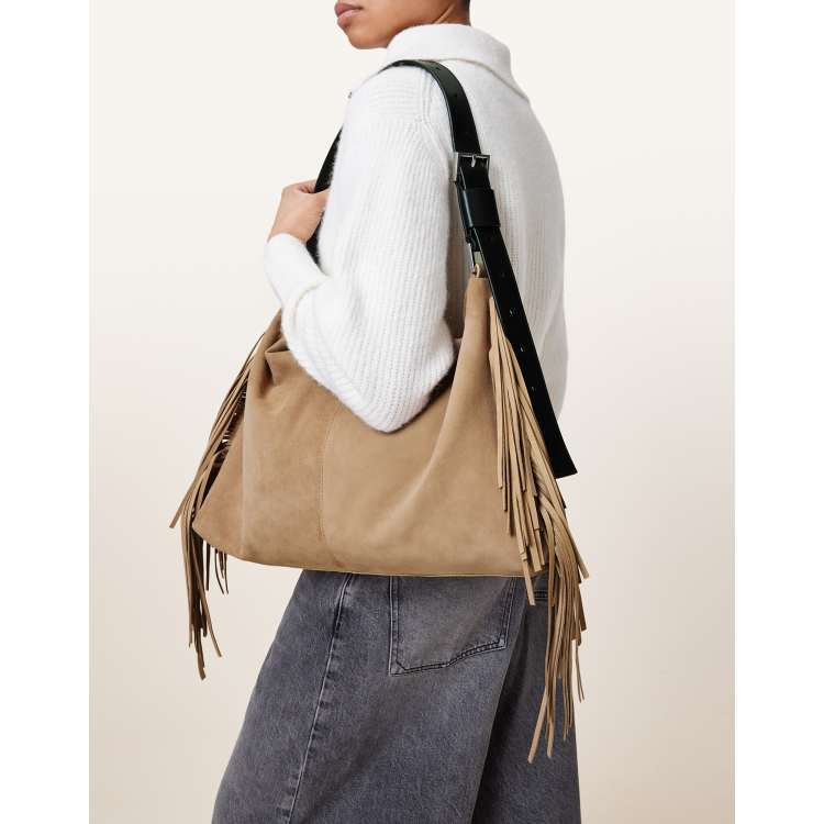 AllSaints Edbury suede fringe shoulder bag in mink brown | ASOS