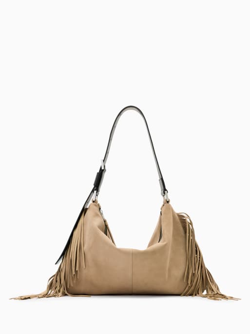 AllSaints Edbury suede fringe shoulder bag in mink brown ASOS