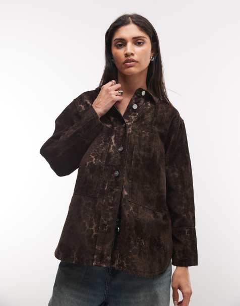 AllSaints Eden co-ord langærmet denimskjorte med flocket leopardprint i brun - view 1