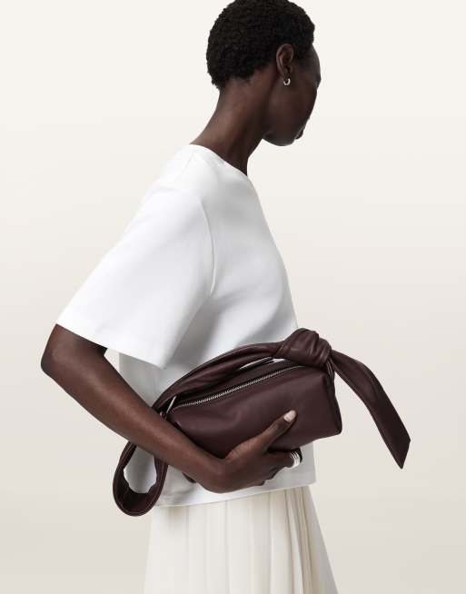 AllSaints Effie Knot leather shoulder bag in burgundy, 2 of 4