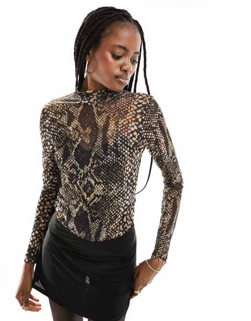 Elia Mesh Waima Snake Print Bodysuit Black