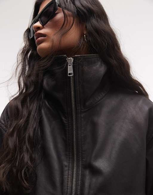 AllSaints Elisa Lederjacke mit Stehkragen und Reißverschluss in Schwarz/Braun, 3 von 4