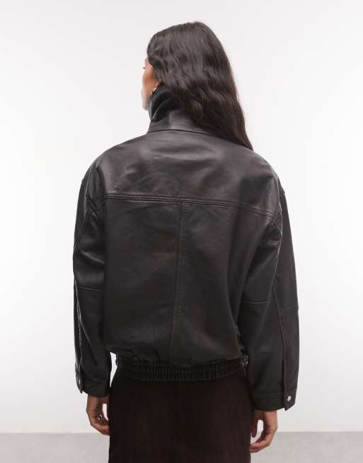 AllSaints Elisa Lederjacke mit Stehkragen und Reißverschluss in Schwarz/Braun, 4 von 4