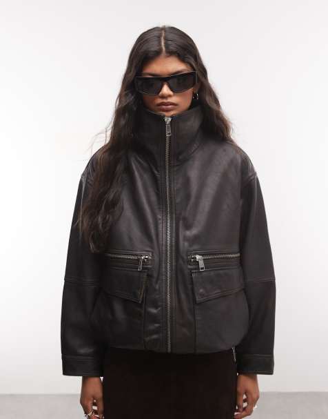 AllSaints Elisa leren jack met opstaande boord en rits, zwart/bruin - view 1