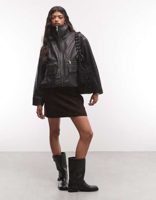 AllSaints Elisa veste en cuir à col cheminée zippée sur toute la longueur noir/marron, 2 de 4