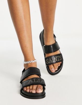 AllSaints Eliza studded logo leather sandals in black