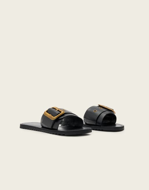 AllSaints Ella chunky buckle one strap leather slider in black, 2 of 4