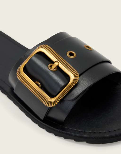 AllSaints Ella chunky buckle one strap leather slider in black, 3 of 4