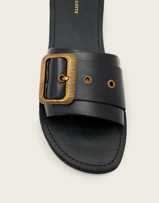 AllSaints Ella chunky buckle one strap leather slider in black, 4 of 4