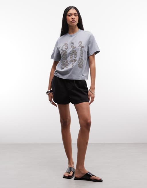 AllSaints Ella Lisa short sleeve embellished logo t-shirt in blue, 2 of 4