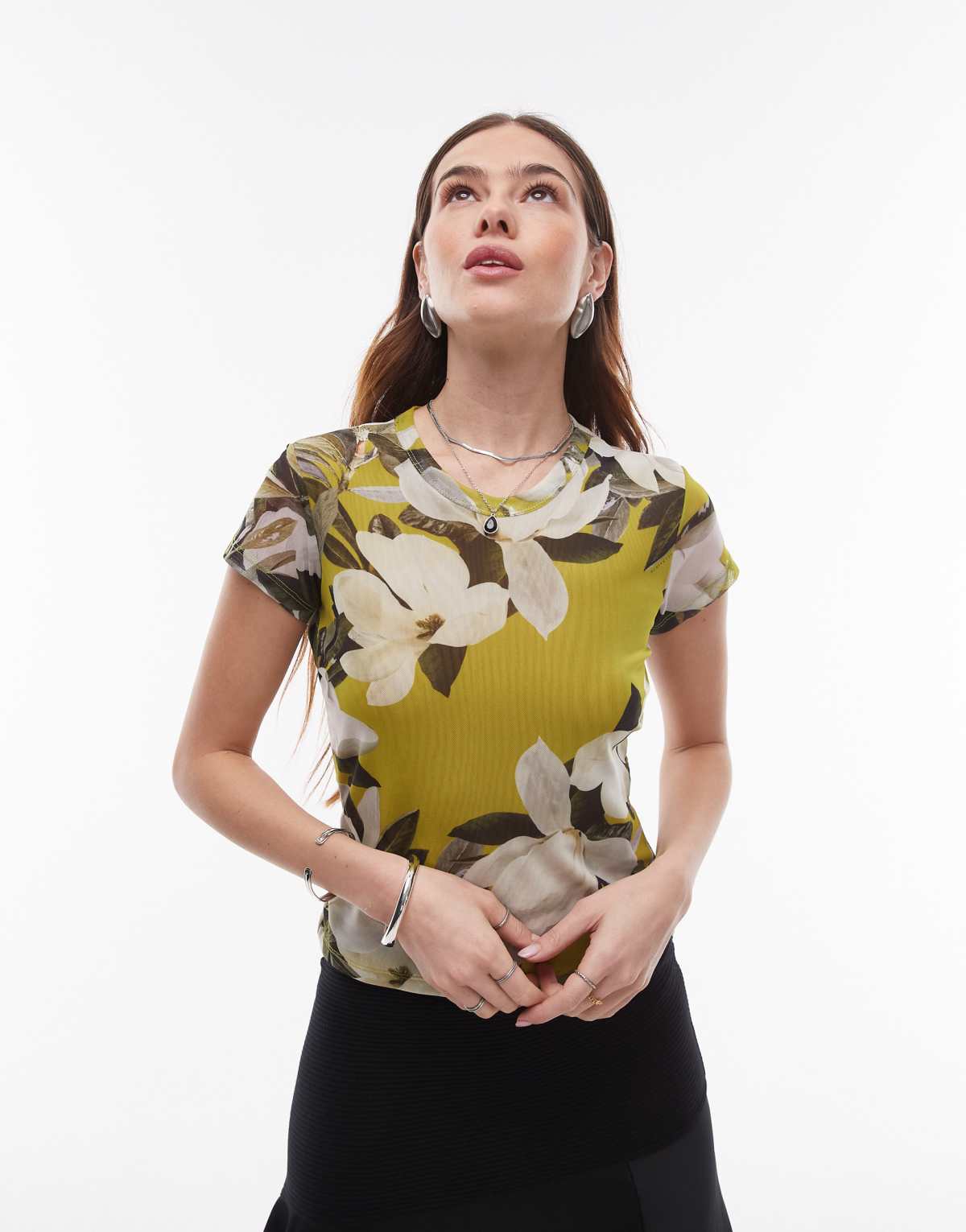 AllSaints Ellie floral print mesh tee in  revive stem green