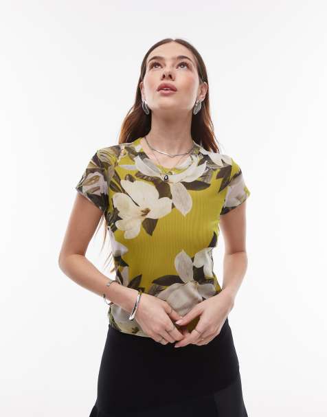 AllSaints – Ellie – Grön t-shirt i mesh med blomtryck - view 1