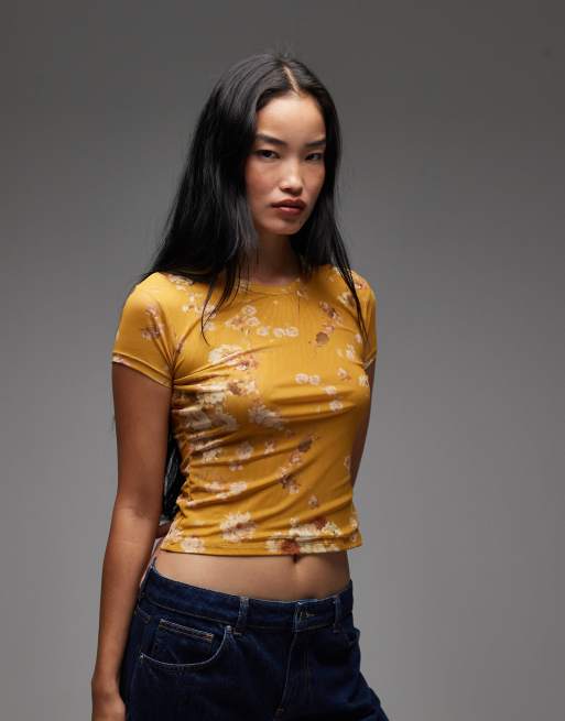 AllSaints - Ellie - Gul T-shirt med blomstermønster i mesh